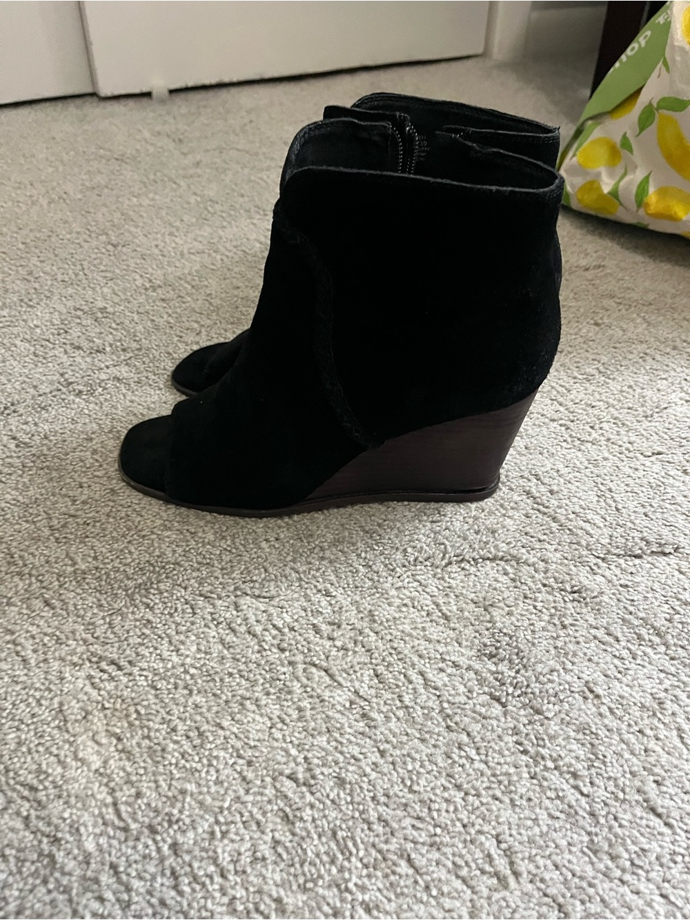 Lucky Brand Black Suede Peep-Toe Wedge Booties